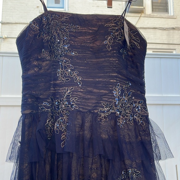 XSCAPE - Strapless Applique Tiered Mesh Ruffle Gown - Picture 6 of 16